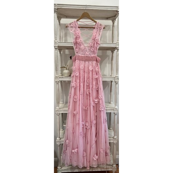 Mac Duggal 93692 Floral Embellished Lace Up Pink Gown Size 8 Maxi Dress - Picture 4 of 8